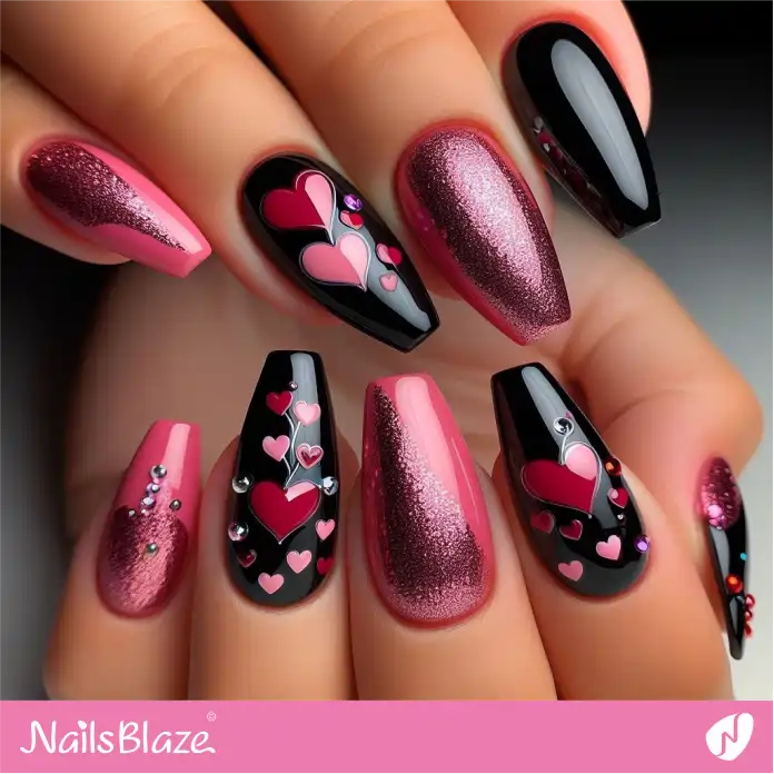 Valentine Black and Pink Glossy Nails | Valentine Nails - NB2638